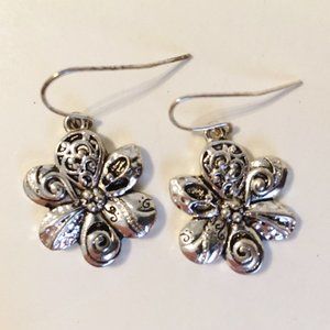 Ornate Flower Earrings Silver Tone Metal Filigree Floral Pierced Hook Dangle